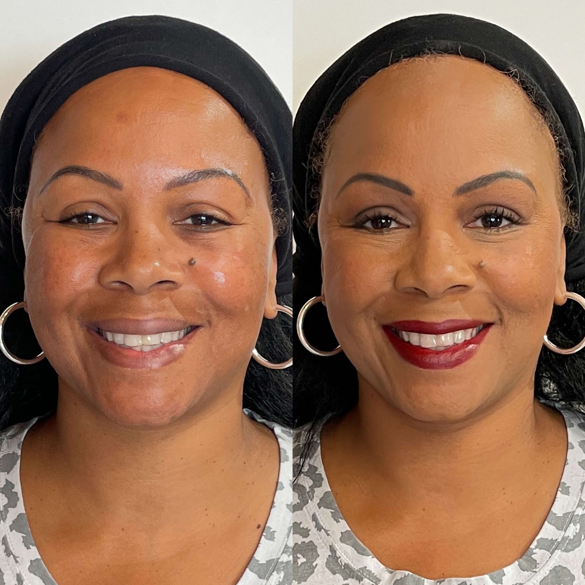 Unedited before-and-after side-by-side photos of a makeup experience participant showcasing real, transformative results.