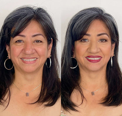 Unedited before-and-after side-by-side photos of a makeup experience participant showcasing real, transformative results.
